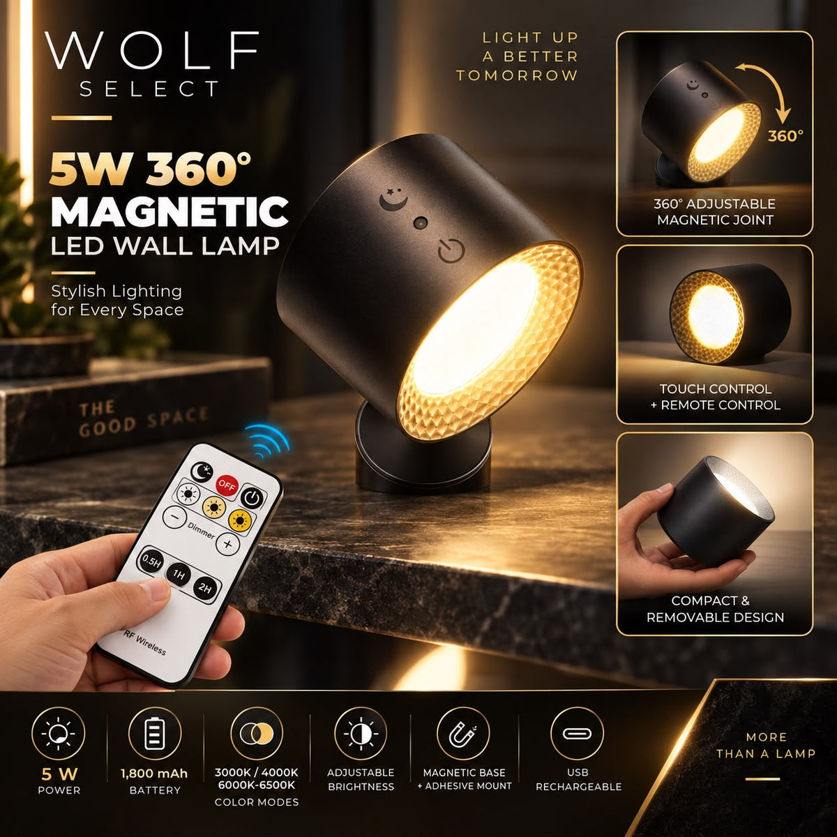 5W 360° Magnetic Rechargeable LED Wall Lamp