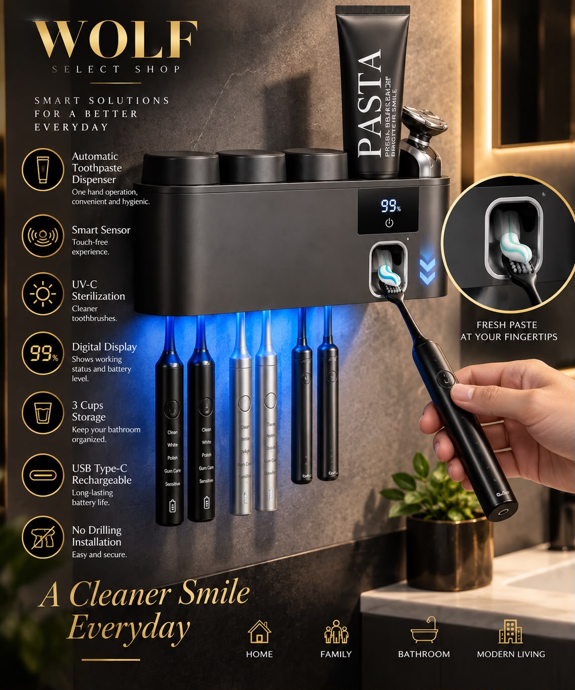 Smart UV-C Toothbrush Sanitizer & Organizer