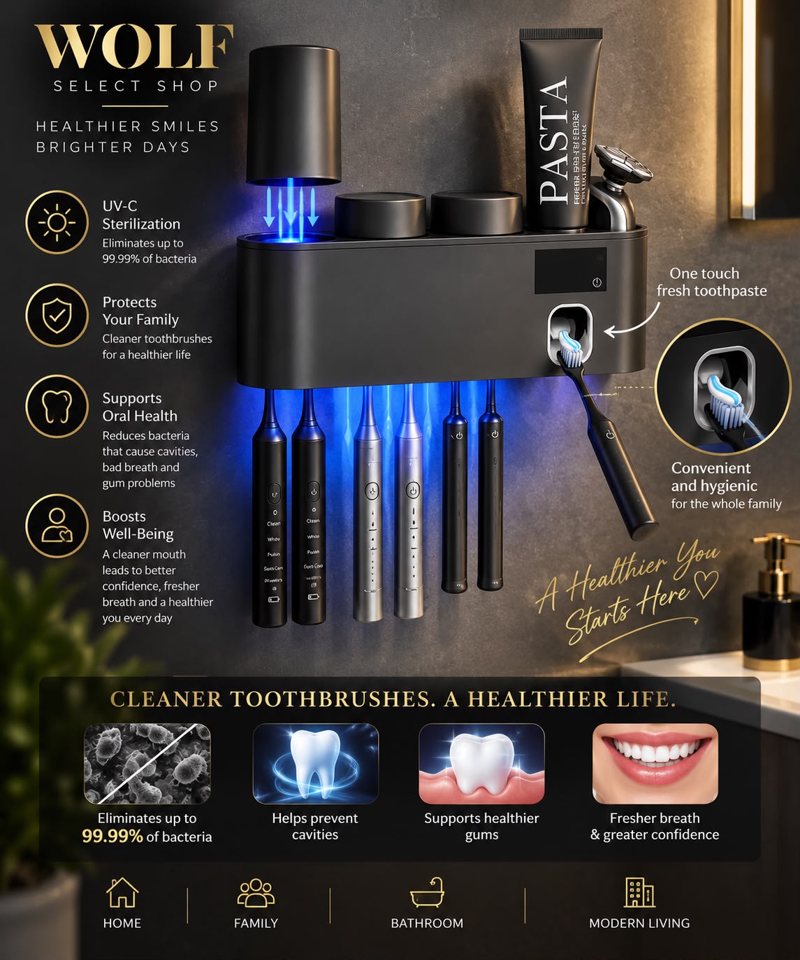 Smart UV-C Toothbrush Sanitizer & Organizer